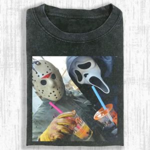 Drinking Skull Tee, Jason & Ghostface T-Shirt, Funny Halloween Shirt, Unisex T-Shirt, Y2K 90s Graphic Shirt, gift for her, him, Womenswear Top, Halloween Shirt