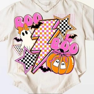 Retro Halloween Ghost Pumpkin Tshirt, Boo Ghost Coquette Tee, Halloween Checkered Ghost Shirt, Spooky Season Shirt