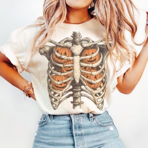 Retro Halloween Ribcage Pumpkins Tshirt, Halloween Skeleton Tee, Spooky Season Shirt, Pumpkin Halloween T-Shirt
