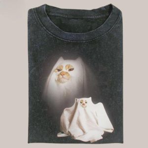 Funny Ghost Cat Halloween Shirt, Vintage Spooky Cat Tee, Cute Scary Season Graphic Top, Streetwear Unisex Style,