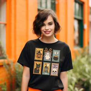 Cute Halloween Stamp Shirt, Ghost Pumpkin Cat Skull Tee,Trick or Treat Spooky T-Shirt