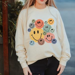 Retro Smiles Sweatshirt, Group Smile Characters Trendy Aesthetic Sweater, Oversized Crewneck Pullover