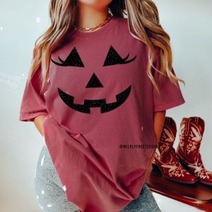Womens Glitter Jack O Lantern Face Halloween Costume Shirt