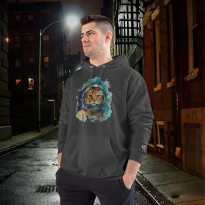 Space Kitty Graphic Champion Hoodie: Unisex Cat Lover Sweatshirt