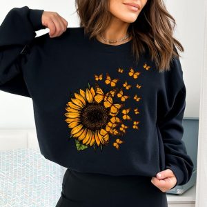 Beautiful Sunflower And Flying Butterflies Sweatshirt, Cute Sunflower Sweater