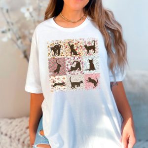 Boho Cats Shirt - Cat Mom T-Shirt - Cottage-Core Floral Kittens Tee - Retro Cat With Flowers Shirt - Vintage Wildflower Cat