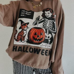 It's Never Too Early Halloween Crewneck, vintage inspired Halloween sweatshirt, cat lady Halloween tee
