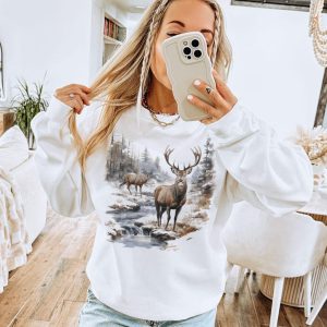 Retro Deer Wilderness Scene Sweatshirt - Nineties Vintage Buck And Doe Deer Outfit