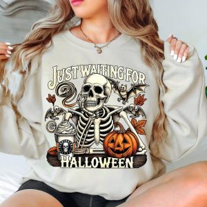 Just Waiting for Halloween Sweatshirt, Retro Skeleton Pumpkin Sweatshirt,Funny Halloween Womens Sweatshirt