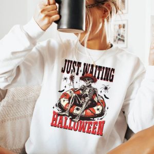 Just Waiting for Halloween Sweatshirt, Funny Skeleton Pumpkin Shirt, Spooky Fall Graphic Shirt, Retro Halloween Womens Shirt