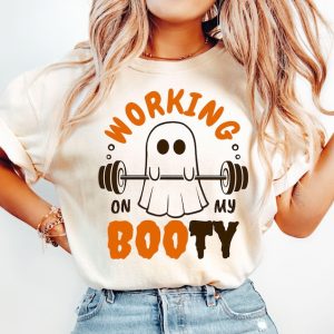 Halloween Ghost Gym Shirt, Working On My Booty, Funny Gym Shirt, Workout Shirts