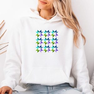 Geometric Star Print long sleeve Hoodie, Star Quilt Pattern Print, Quilters Hoodie