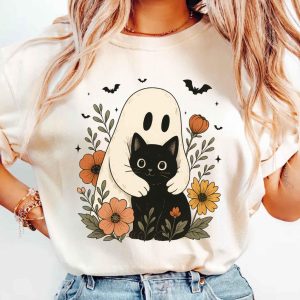 Halloween Black Cat And Ghost Shirt, Halloween Ghost Shirt, Spooky Season Cat Tee, Halloween Cute Women Outfit