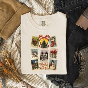 Christmas T-Shirt, Santa Claus Shirt, Christmas Stamps Shirt, Christmas Tree Shirt